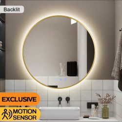 900mm Backlit Yellow Gold Frame Round LED Mirror with Motion Sensor Switch